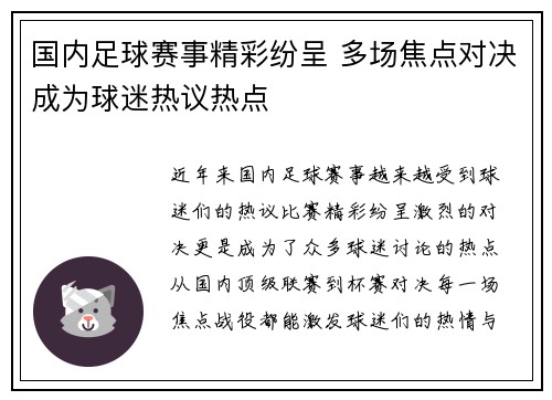 国内足球赛事精彩纷呈 多场焦点对决成为球迷热议热点