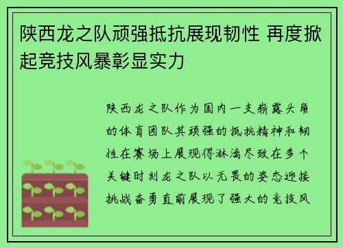 陕西龙之队顽强抵抗展现韧性 再度掀起竞技风暴彰显实力