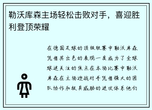 勒沃库森主场轻松击败对手，喜迎胜利登顶荣耀