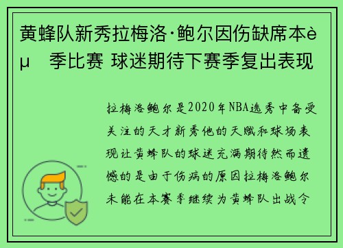 黄蜂队新秀拉梅洛·鲍尔因伤缺席本赛季比赛 球迷期待下赛季复出表现