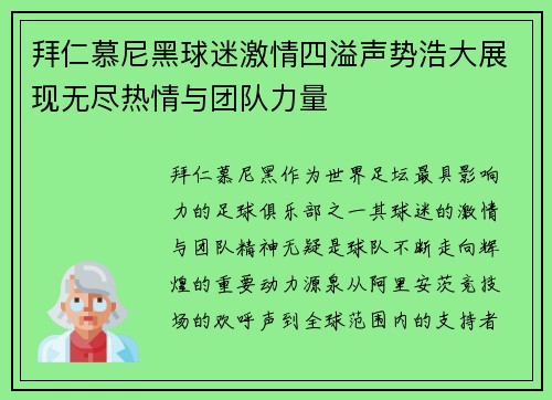 拜仁慕尼黑球迷激情四溢声势浩大展现无尽热情与团队力量