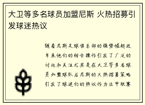 大卫等多名球员加盟尼斯 火热招募引发球迷热议