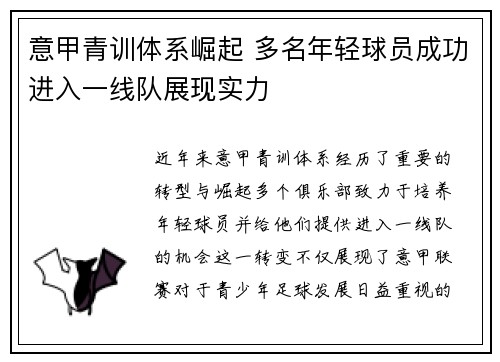 意甲青训体系崛起 多名年轻球员成功进入一线队展现实力